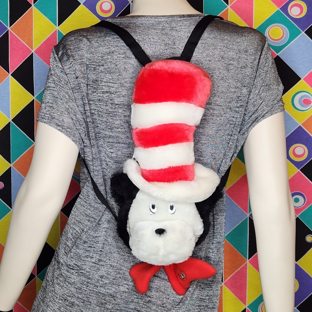 Vintage 90s Dr Seuss Cat in the Hat Plush Backpack 14" Character Bag